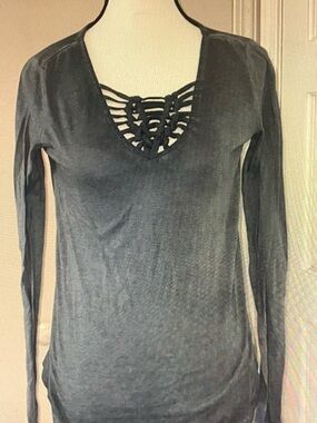 Mudd Charcoal Gray Long Sleeve Top with Braided V-Neck
